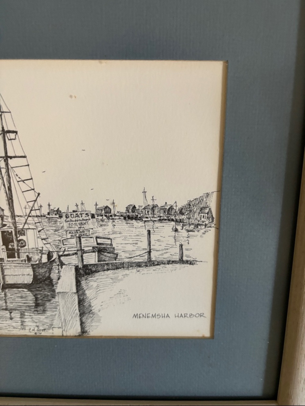 Framed Harbor Pen & Ink Art Print of Menemsha Harbor, 9” x 11” Framed - Picture 4 of 6